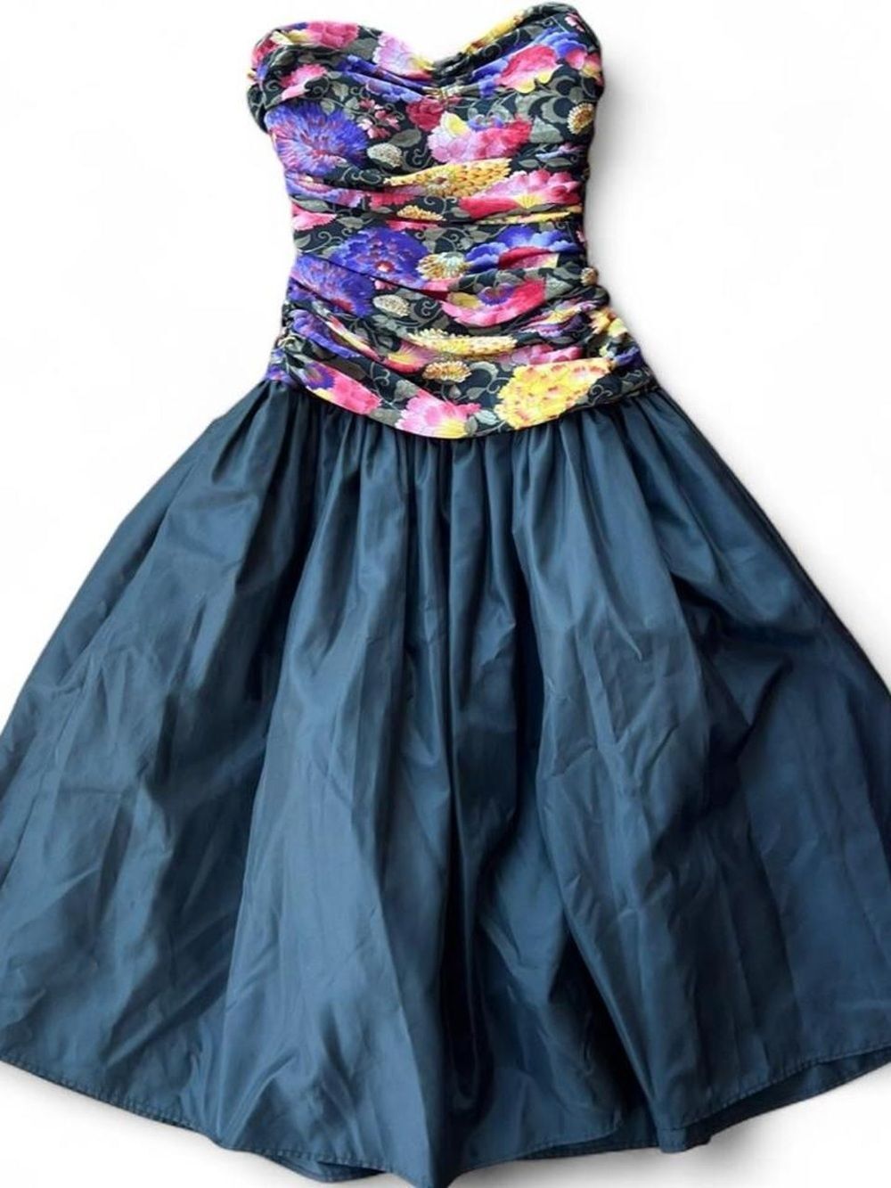 VTG Nuit Floral Ruched Bodice Evening Midi Dress - Black